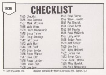 1989 ProCards Minor League Team Sets #1535 Checklist Back