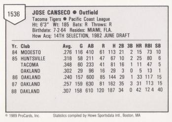1989 ProCards Minor League Team Sets #1536 Jose Canseco Back