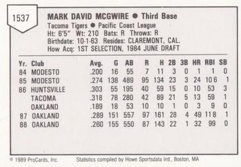 1989 ProCards Minor League Team Sets #1537 Mark McGwire Back