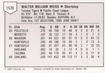 1989 ProCards Minor League Team Sets #1538 Walt Weiss Back