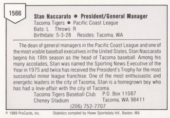 1989 ProCards Minor League Team Sets #1566 Stan Naccarato Back
