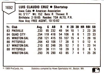 1989 ProCards Minor League Team Sets #1692 Luis Cruz Back