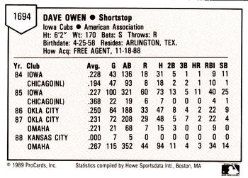 1989 ProCards Minor League Team Sets #1694 Dave Owen Back