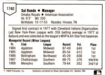 1989 ProCards Minor League Team Sets #1740 Sal Rende Back