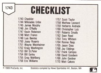 1989 ProCards Minor League Team Sets #1743 Checklist Back