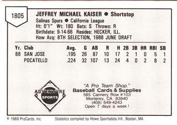 1989 ProCards Minor League Team Sets #1805 Jeff Kaiser Back