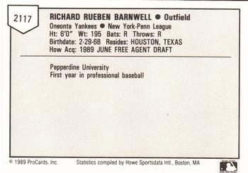 1989 ProCards Minor League Team Sets #2117 Richard Barnwell Back