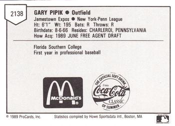 1989 ProCards Minor League Team Sets #2138 Gary Pipik Back
