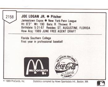 1989 ProCards Minor League Team Sets #2158 Joe Logan Jr. Back