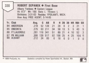 1989 ProCards Minor League Team Sets #330 Rob Sepanek Back