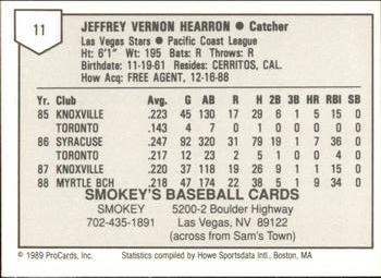 1989 ProCards Minor League Team Sets #11 Jeff Hearron Back