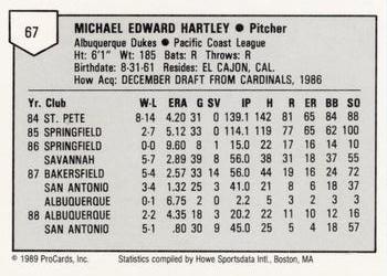 1989 ProCards Minor League Team Sets #67 Mike Hartley Back