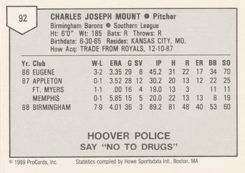 1989 ProCards Minor League Team Sets #92 Chuck Mount Back