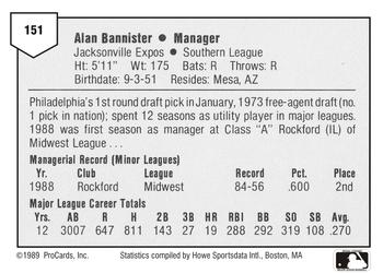 1989 ProCards Minor League Team Sets #151 Alan Bannister Back