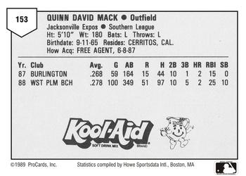 1989 ProCards Minor League Team Sets #153 Quinn Mack Back