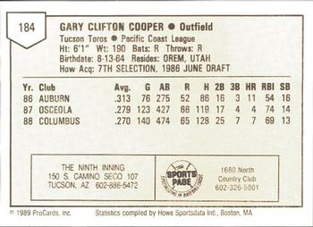 1989 ProCards Minor League Team Sets #184 Gary Cooper Back
