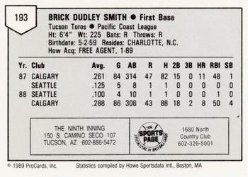 1989 ProCards Minor League Team Sets #193 Brick Smith Back