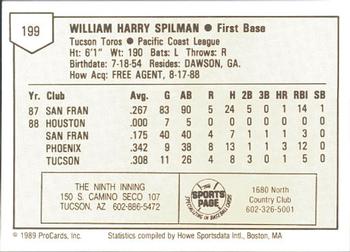 1989 ProCards Minor League Team Sets #199 Harry Spilman Back