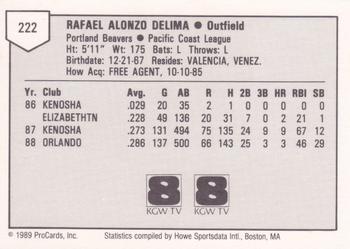 1989 ProCards Minor League Team Sets #222 Rafael Delima Back