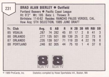 1989 ProCards Minor League Team Sets #231 Brad Bierley Back