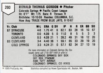 1989 ProCards Minor League Team Sets #260 Don Gordon Back