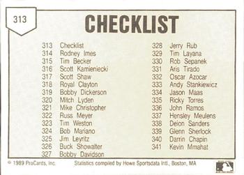 1989 ProCards Minor League Team Sets #313 Checklist Back