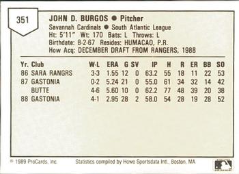 1989 ProCards Minor League Team Sets #351 John Burgos Back