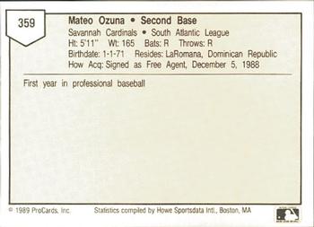 1989 ProCards Minor League Team Sets #359 Mateo Ozuna Back