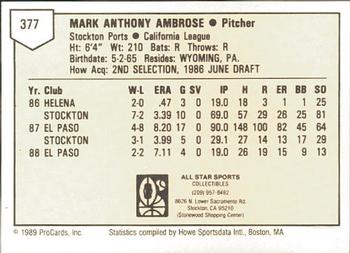 1989 ProCards Minor League Team Sets #377 Mark Ambrose Back