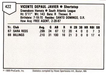 1989 ProCards Minor League Team Sets #422 Vicente Javier Back