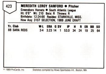 1989 ProCards Minor League Team Sets #423 Mo Sanford Back