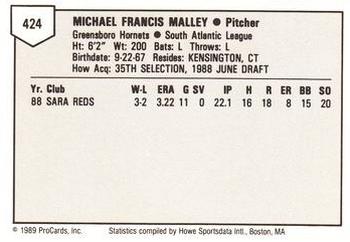 1989 ProCards Minor League Team Sets #424 Mike Malley Back