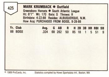 1989 ProCards Minor League Team Sets #425 Mark Krumback Back