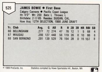 1989 ProCards Minor League Team Sets #525 Jim Bowie Back