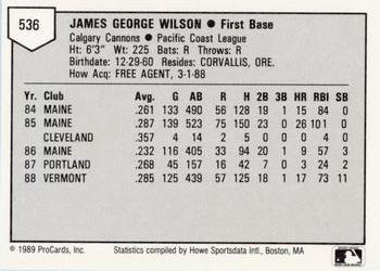 1989 ProCards Minor League Team Sets #536 Jim Wilson Back
