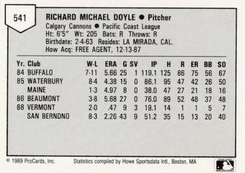 1989 ProCards Minor League Team Sets #541 Rich Doyle Back