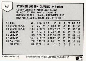 1989 ProCards Minor League Team Sets #543 Steve Oliverio Back