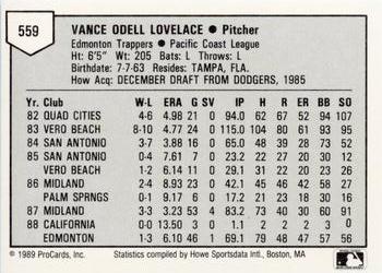 1989 ProCards Minor League Team Sets #559 Vance Lovelace Back