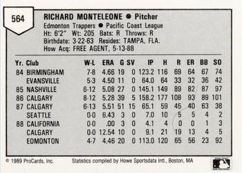 1989 ProCards Minor League Team Sets #564 Rich Monteleone Back