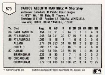 1989 ProCards Minor League Team Sets #579 Carlos Martinez Back