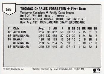 1989 ProCards Minor League Team Sets #597 Tom Forrester Back
