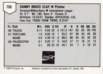1989 ProCards Minor League Team Sets #706 Danny Clay Back