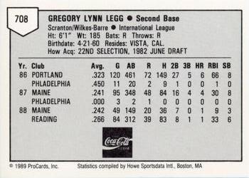 1989 ProCards Minor League Team Sets #708 Greg Legg Back