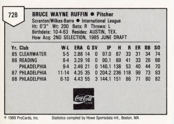 1989 ProCards Minor League Team Sets #728 Bruce Ruffin Back