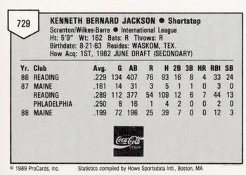 1989 ProCards Minor League Team Sets #729 Ken Jackson Back