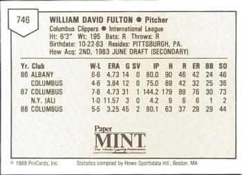 1989 ProCards Minor League Team Sets #746 Bill Fulton Back