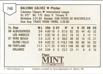 1989 ProCards Minor League Team Sets #748 Balvino Galvez Back