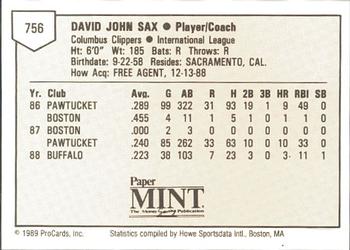 1989 ProCards Minor League Team Sets #756 Dave Sax Back