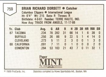 1989 ProCards Minor League Team Sets #759 Brian Dorsett Back