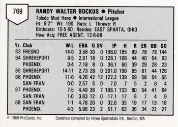 1989 ProCards Minor League Team Sets #769 Randy Bockus Back
